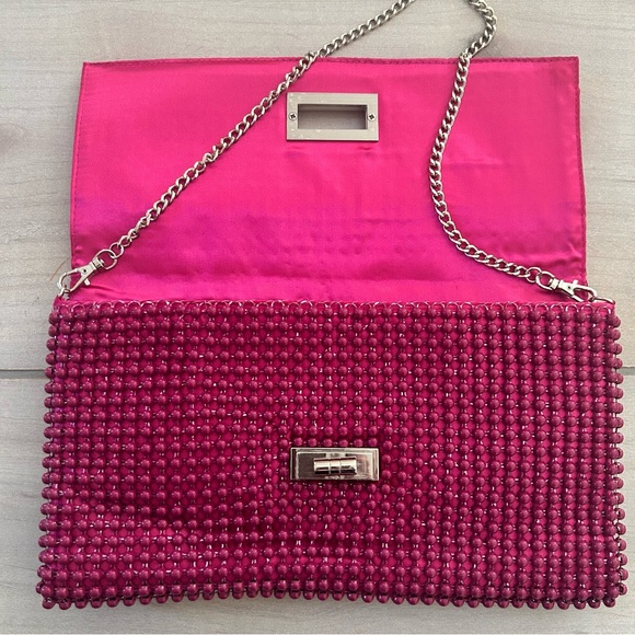 NWT BCBGMaxAzria Pink Beaded Silver Chain Strap Clutch Handbag - Picture 5 of 8